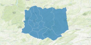 Blue shaded region with internal boundaries on a topographic map.