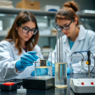 Two female scientists working on an experiment in a lab.