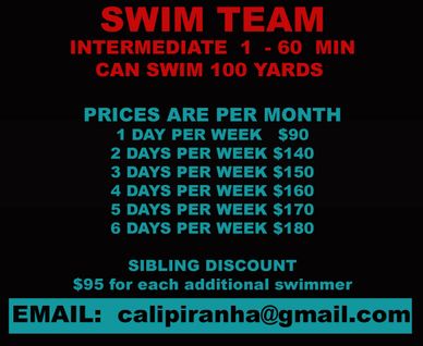 Swim team pricing for intermediate swimmers with weekly options and sibling discounts.