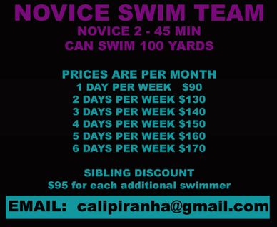Novice swim team pricing and contact email for monthly sessions.