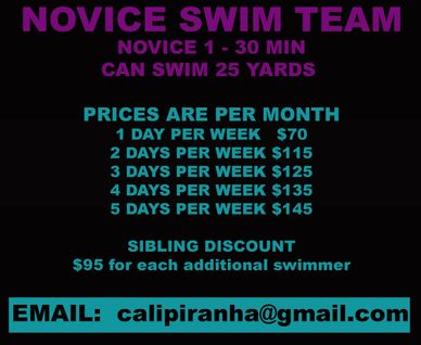 Swim team pricing and schedule for novice swimmers, with sibling discounts and contact email.