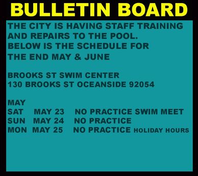 Bulletin board about pool staff training and swim meet schedule in May.