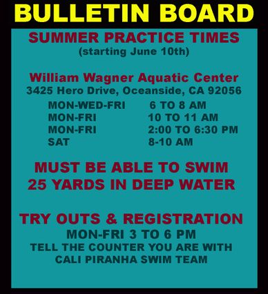 Bulletin board showing summer swim practice times and registration info for Cali Piranha Swim Team.
