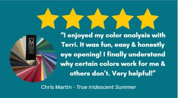 A five-star testimonial praising Terri's color analysis service as fun and eye-opening.