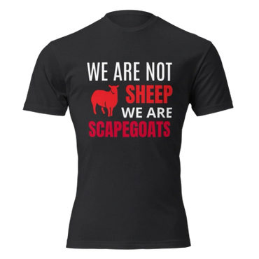 Black t-shirt with a red sheep and bold text about sheep and scapegoats.