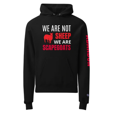 Black hoodie with bold red and white text about sheep and scapegoats.