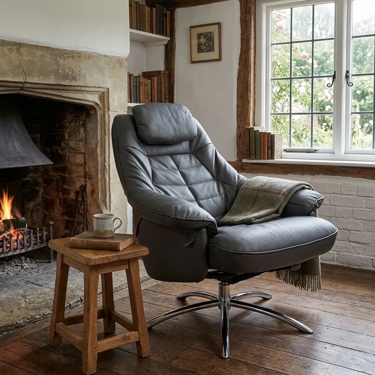 Cozy leather chair by a fireplace and window.