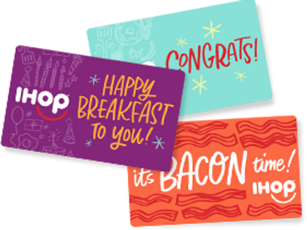 Three colorful IHOP gift cards with breakfast-themed messages.