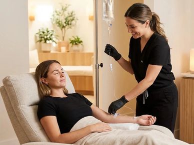 A nurse prepares an IV drip for a relaxed patient in a cozy clinic.