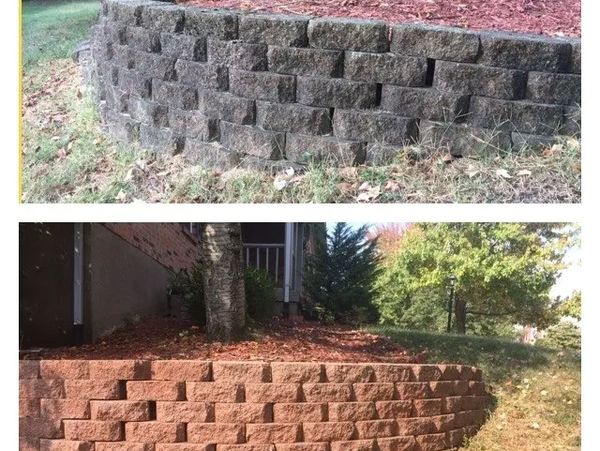 dirty retaining wall power washed before and after