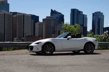 White convertible sports car parked with city skyline.