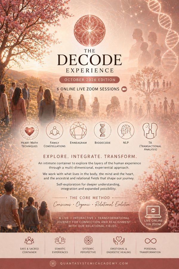 Promotional poster for The Decode Experience, October 2026 edition, with six online Zoom sessions.