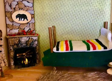 Hudson Bay Mini. Fireplace was constructed with torn egg crates and Mod Podge.