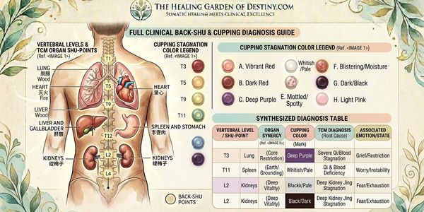 An anatomical chart linking back-shu points to organs and diagnosis colors for cupping therapy.