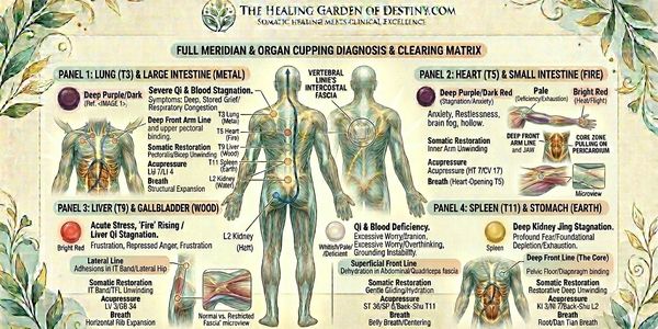 Diagram illustrating meridian and organ cupping therapy for different body parts.