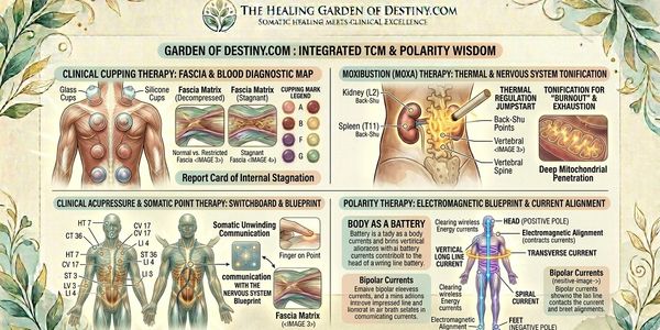 Diagram explaining integrated TCM and polarity therapy techniques for healing.