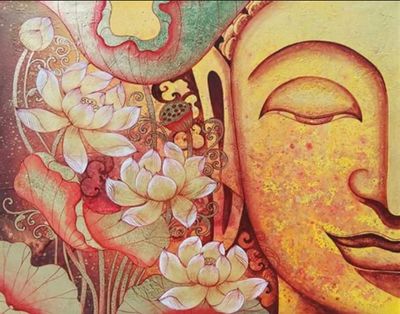Artistic depiction of Buddha's serene face with blooming lotus flowers.