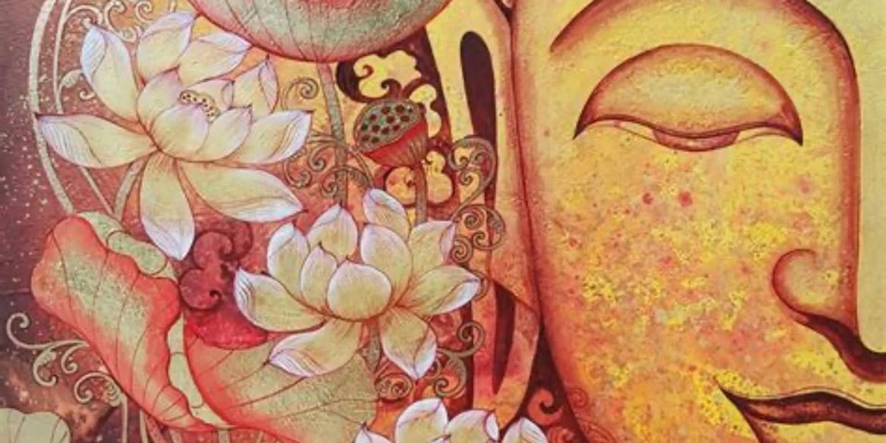 Artistic painting of a serene face with lotus flowers and intricate patterns.