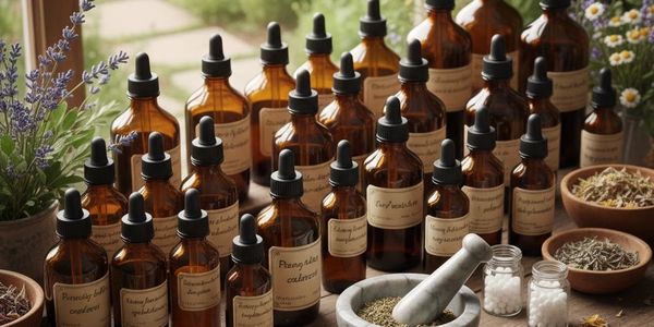 Amber dropper bottles with herbal extracts and mortar and pestle on a wooden table.