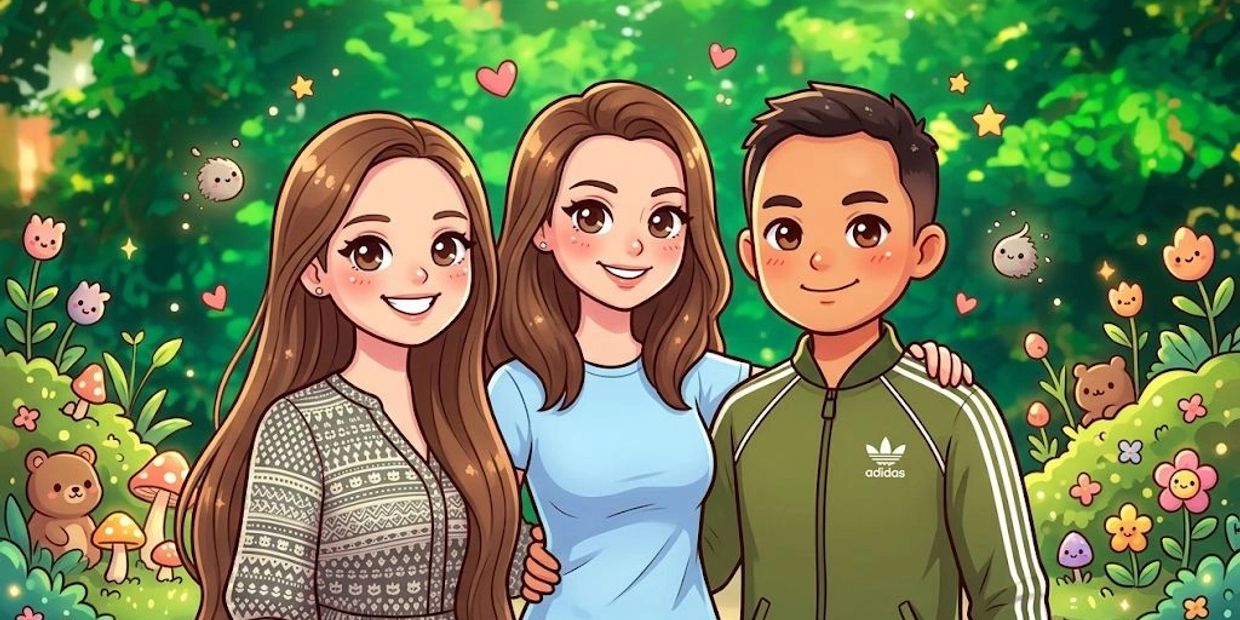 Cartoon trio smiling with nature and cute creatures in the background.
