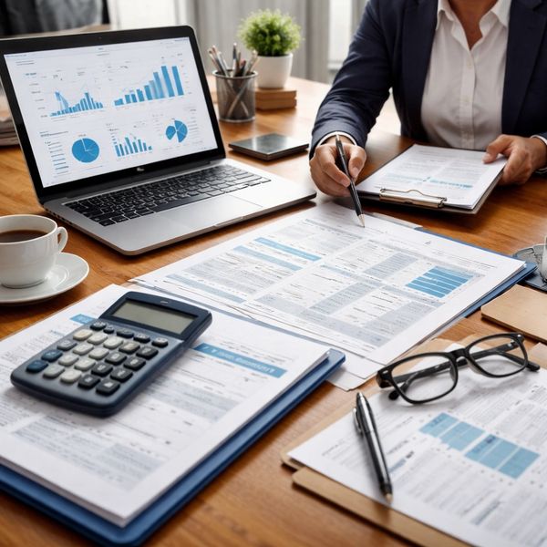 Person analyzing financial documents with laptop, calculator, and coffee on desk.