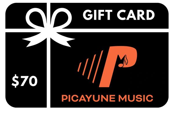 $70 Picayune Music gift card with a black and orange design.