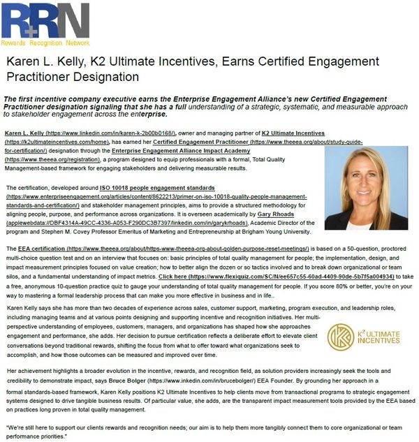 Karen L. Kelly earns Certified Engagement Practitioner designation from Enterprise Engagement Alliance.