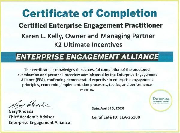 Certificate of Completion for Certified Enterprise Engagement Practitioner awarded to Karen L. Kelly.