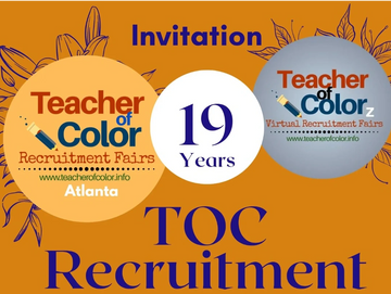 Invitation to Teacher of Color Virtual Recruitment Fairs celebrating 19 years in Atlanta.