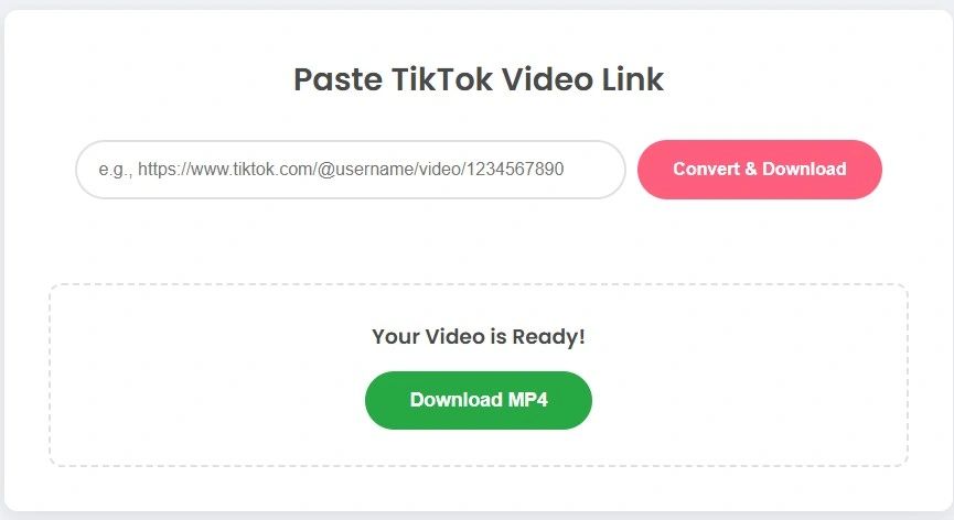 TikTok video downloader interface with URL input and download button.