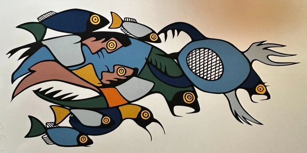 Abstract mural of fish and human faces in bold blue and yellow tones.