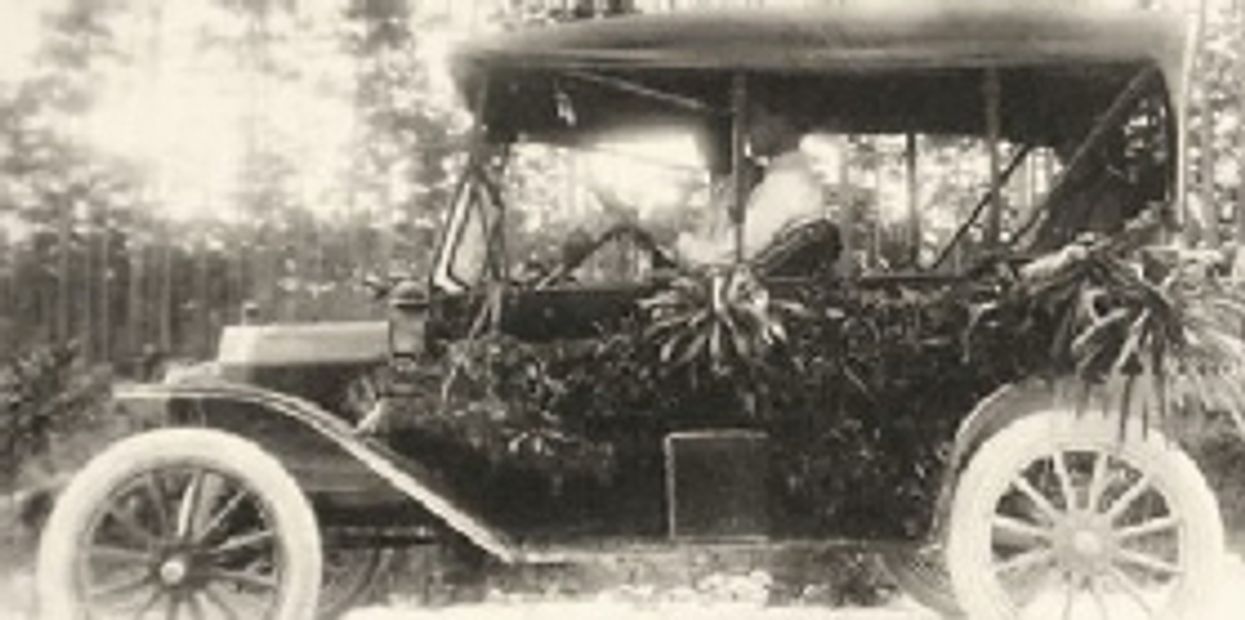 An old car with crotons