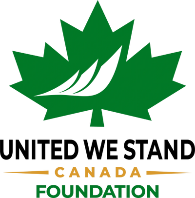 Logo of United We Stand Canada Foundation featuring a green maple leaf with stylized feathers.