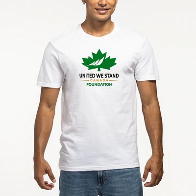 Man wearing a white t-shirt with a green maple leaf logo and text about the Canada Foundation.