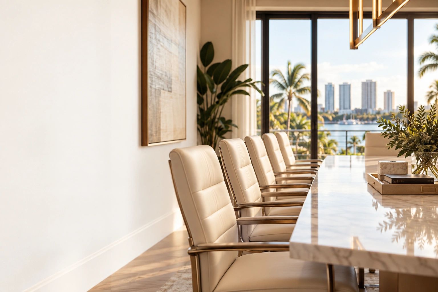 Modern dining room with cream chairs and city view.
