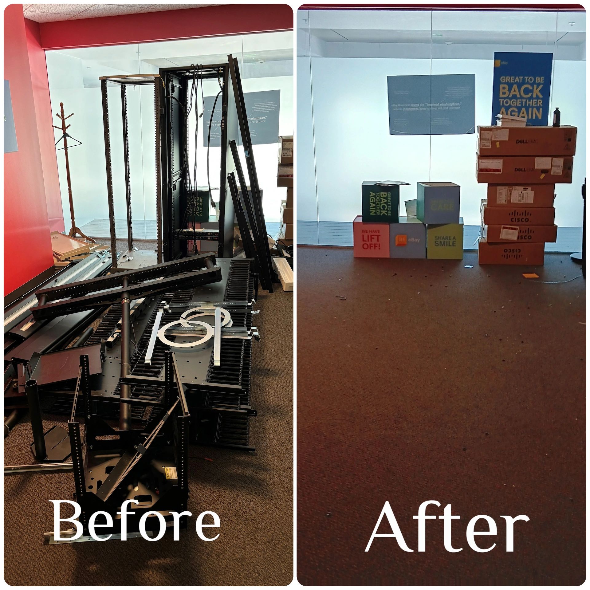 Office space transformation from cluttered equipment to organized boxes.