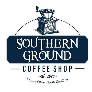 Logo of Southern Ground Coffee Shop with a vintage coffee grinder illustration.