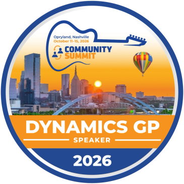 Badge for Dynamics GP Speaker at the 2026 Community Summit in Nashville.