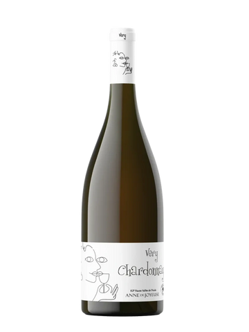 Bottle of Very Chardonnay wine with minimalist line art label.