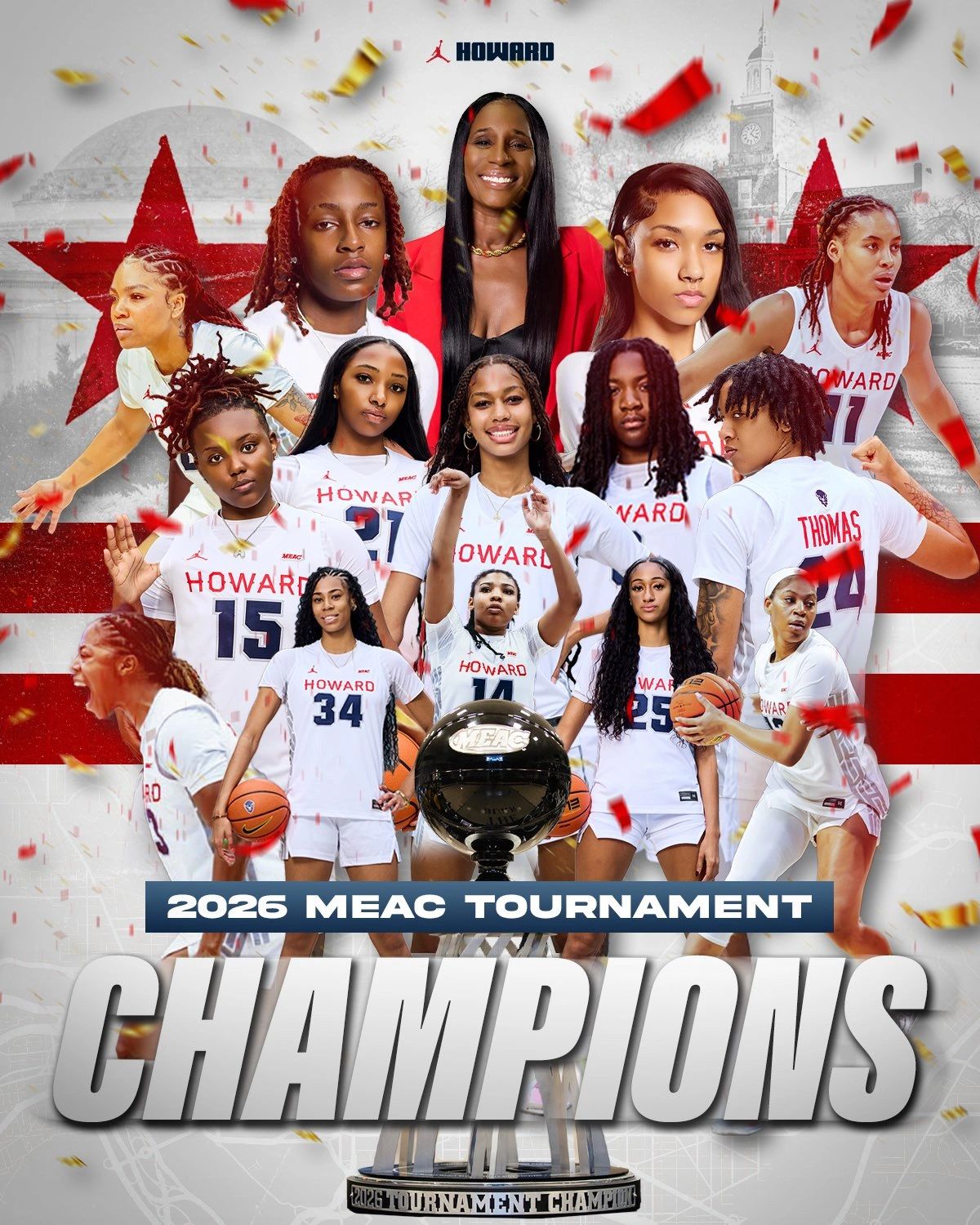 Howard women's basketball team celebrating 2026 MEAC Tournament Championship.