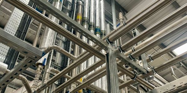Complex network of metal pipes and tubes.