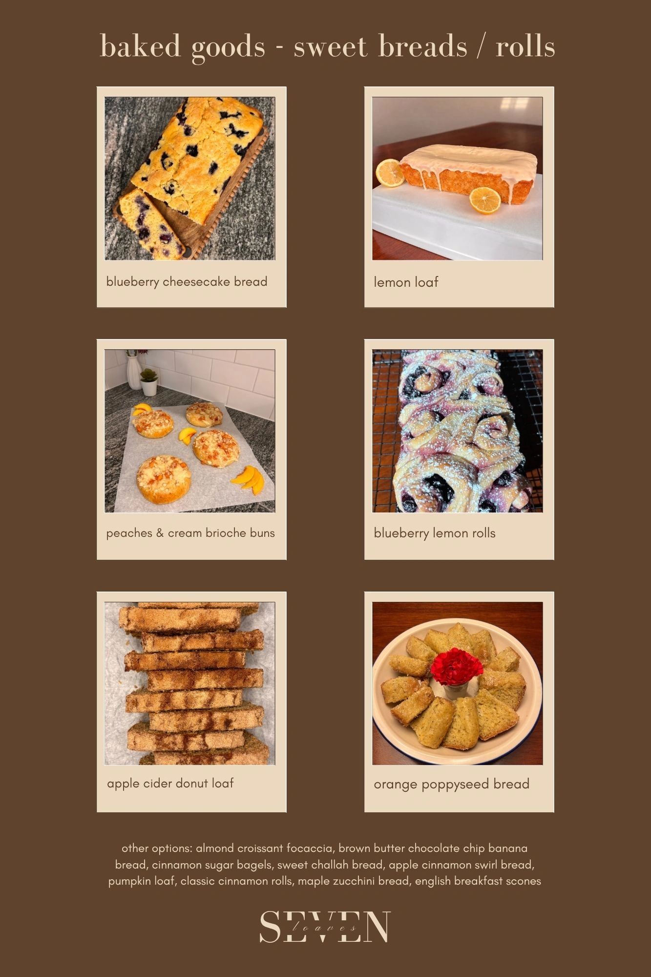 Assortment of sweet breads and rolls with labels.