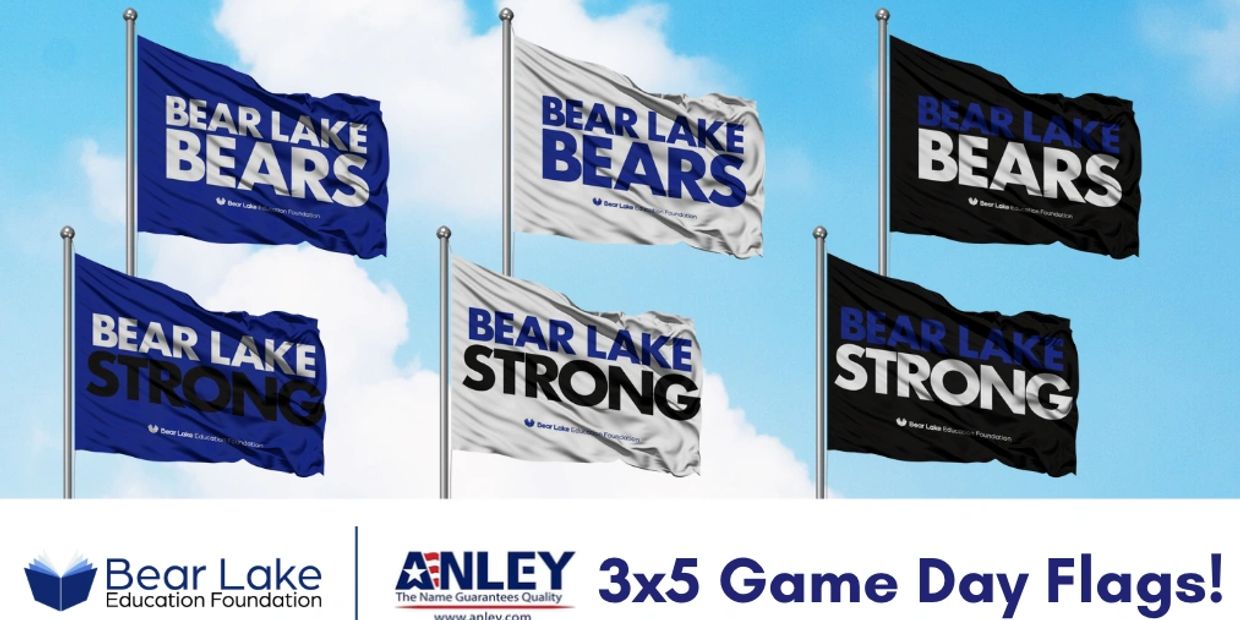Flags for Bear Lake Bears and Bear Lake Strong in blue, white, and black.