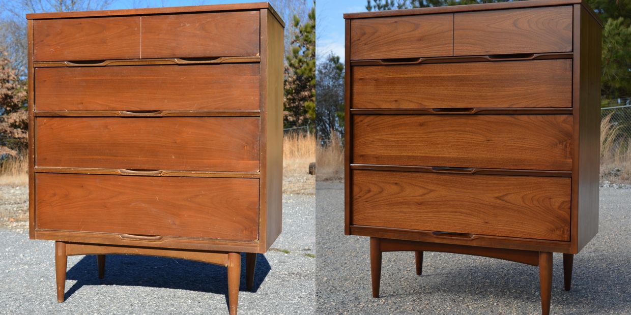 A wooden chest of drawers before and after restoration showing a clearer grain and polished finish.