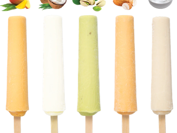 Five colorful popsicles in different flavors on sticks.