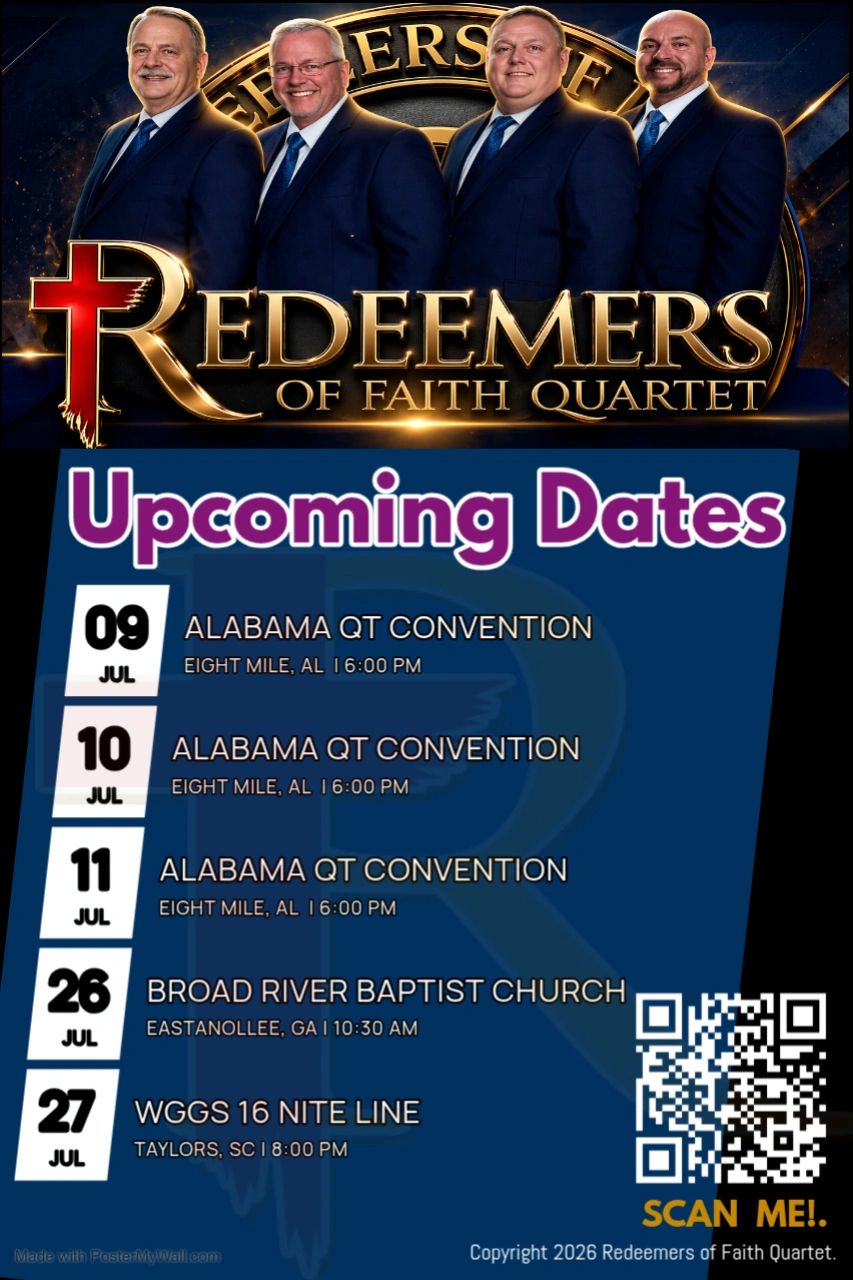 Redeemers of Faith Quartet upcoming tour dates in July 2026.