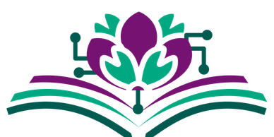 A colorful logo with a purple and green lotus flower above an open book.