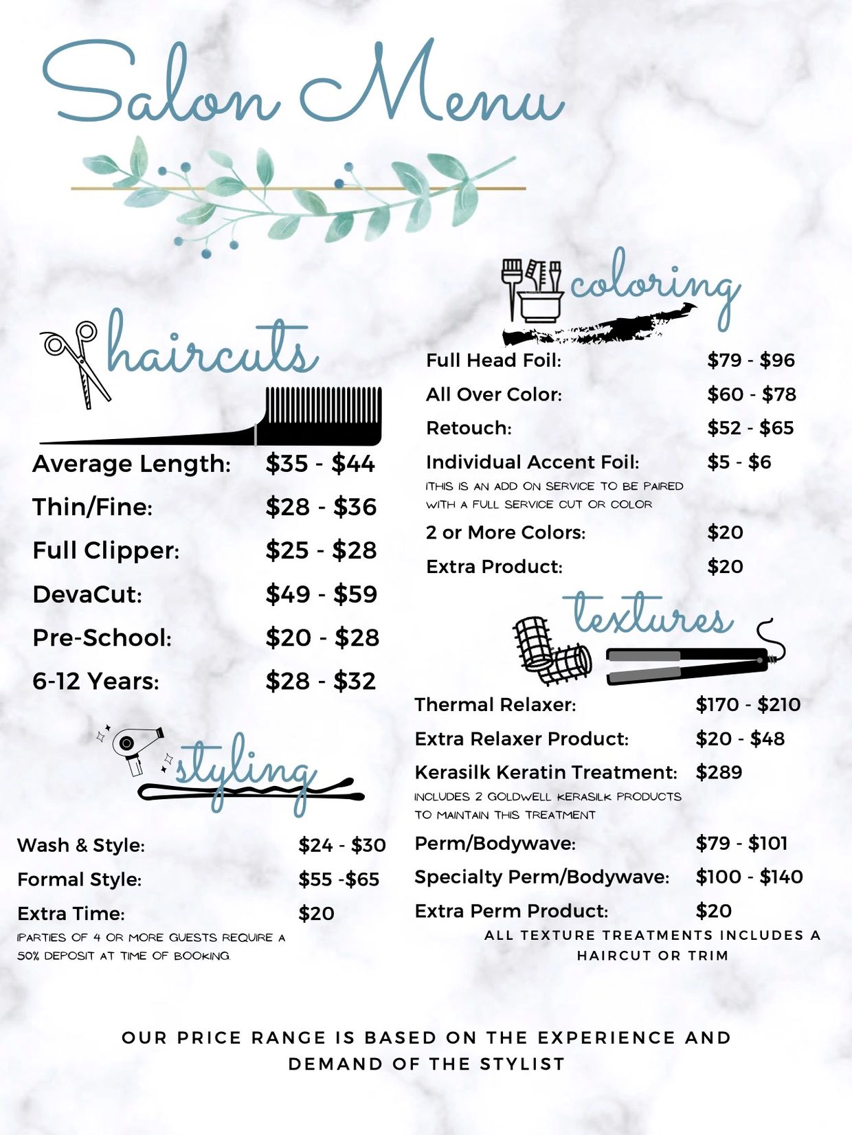 Salon Spa Menu