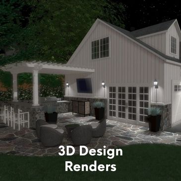 3d design of outdoor kitchen, patio and garage