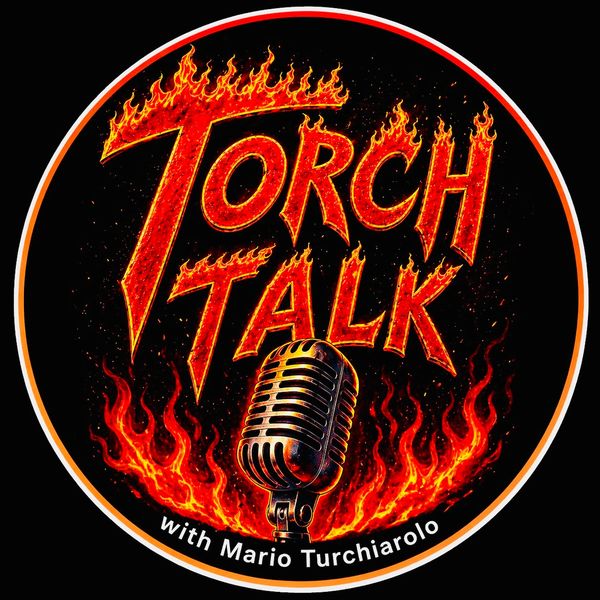 Flaming "Torch Talk" logo with a vintage microphone and host name Mario Turchiarolo.